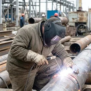 Сварщик варит стык стальной трубы большого диаметра на промышленном объекте